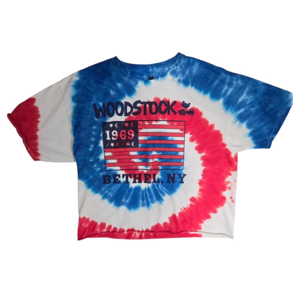 Woodstock 1969 Tie Dye Graphic Tee American Flag Red White Blue Size L Women's